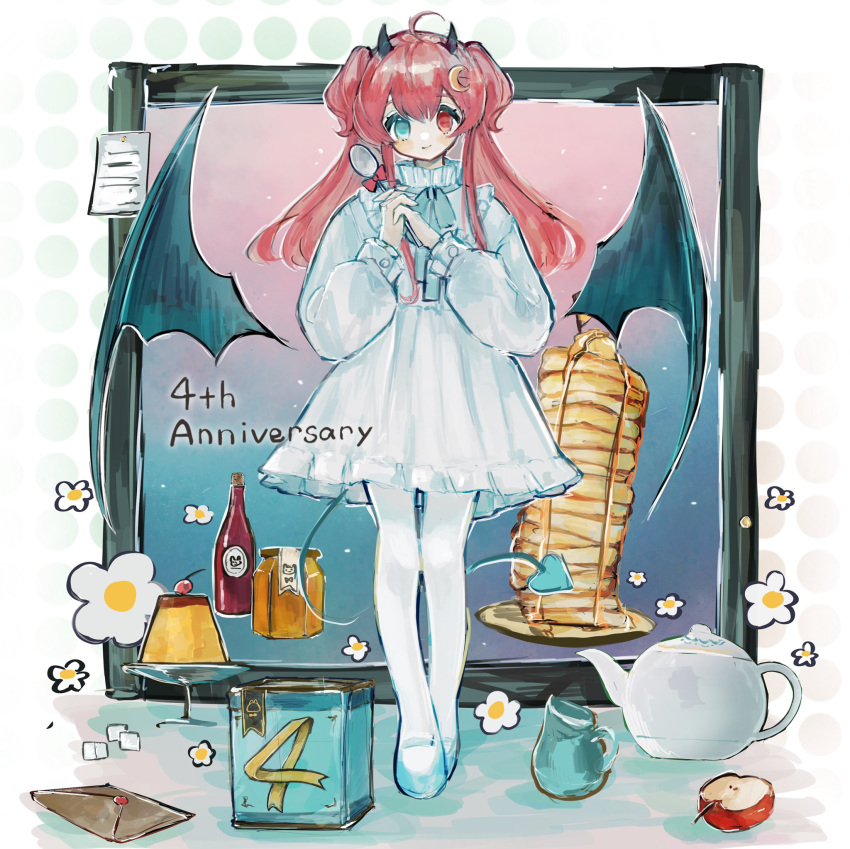 1girl apple apple_slice blue_background bottle commentary_request crescent crescent_hair_ornament demon_horns demon_wings dress flower food fruit gift gradient_background green_eyes hair_ornament heterochromia highres holding holding_spoon honey horns letter long_hair nijisanji pancake pancake_stack pantyhose pink_background plate pomopomoinu pudding red_eyes redhead solo spoon teapot two_side_up virtual_youtuber white_dress white_pantyhose wings yuzuki_roa