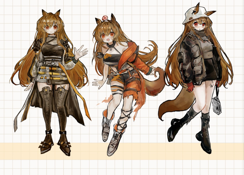 1girl animal_ears arknights armband bag bandeau belt black_bandeau black_footwear black_shorts black_skirt boots bracelet brown_hair bucket_hat ceobe_(arknights) ceobe_(summer_flowers)_(arknights) ceobe_(unfettered)_(arknights) closed_mouth commentary dog_ears dog_girl dog_tail drooling ears_through_headwear gloves grey_jacket grey_shirt hat highres holding holding_bag infection_monitor_(arknights) jacket jewelry long_hair long_sleeves multiple_belts multiple_views mushroom mushroom_on_head official_alternate_costume open_mouth orange_jacket oripathy_lesion_(arknights) parted_lips patterned_background pomopomoinu red_eyes red_gloves shirt shoes shorts simple_background skirt sneakers tail thigh_boots thigh_strap waving white_background white_footwear white_headwear