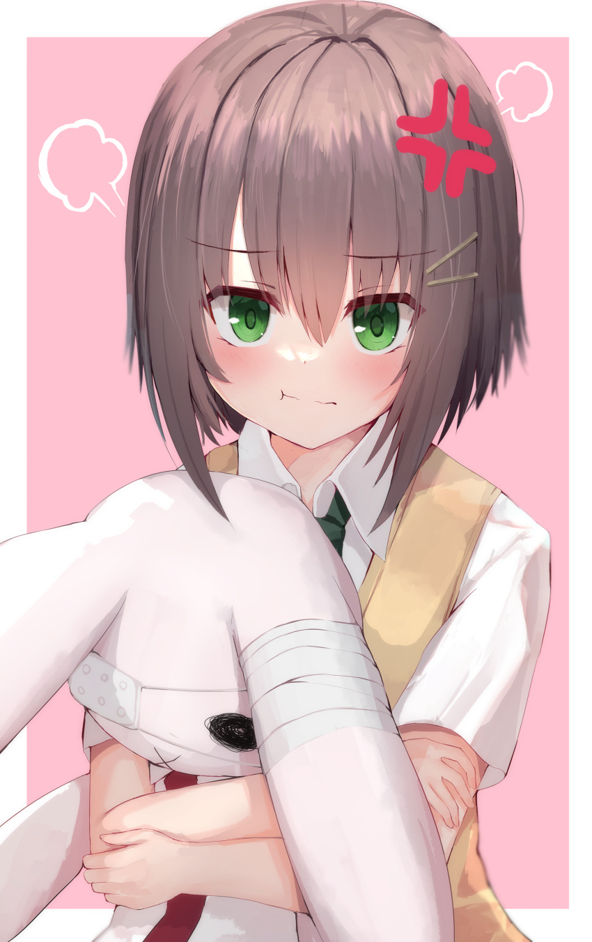 1girl :t =3 absurdres anger_vein angry blush border brown_hair closed_mouth collared_shirt commentary crossed_arms eyes_visible_through_hair green_eyes hair_between_eyes highres holding holding_stuffed_toy looking_at_viewer mamiya_hasaki nodoameyatou pink_background pout school_uniform shirt short_hair short_sleeves simple_background solo straight_hair stuffed_animal stuffed_rabbit stuffed_toy subarashiki_hibi sweater_vest upper_body upturned_eyes wavy_mouth white_border white_shirt yellow_sweater_vest