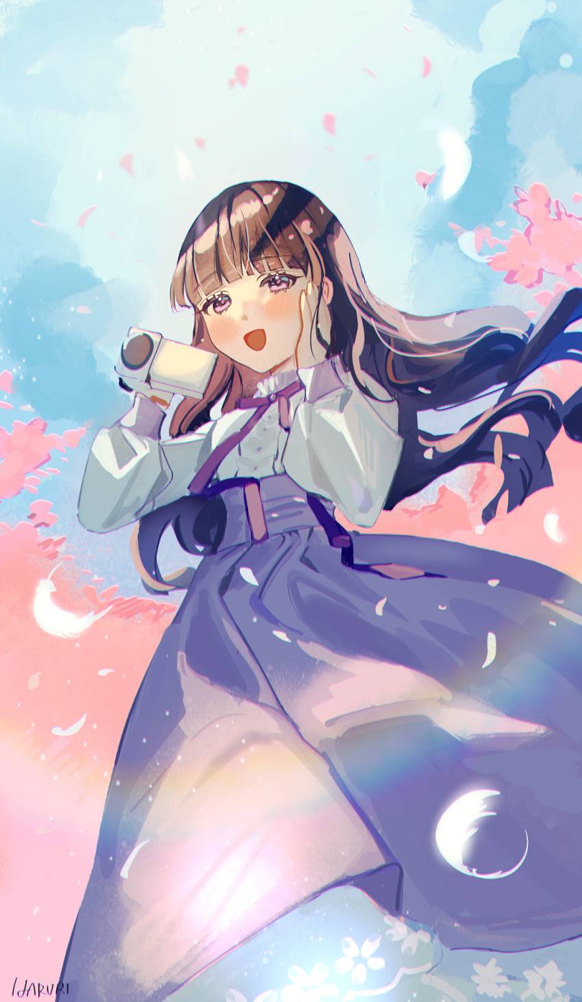 1girl :d blue_sky blush bow breasts brown_hair camcorder cardcaptor_sakura clouds cloudy_sky commentary_request daidouji_tomoyo day floating_hair hand_on_own_face hands_up haruri highres holding long_hair long_sleeves outdoors petals puffy_long_sleeves puffy_sleeves purple_bow purple_skirt shirt skirt sky sleeves_past_wrists small_breasts smile solo very_long_hair video_camera violet_eyes white_shirt