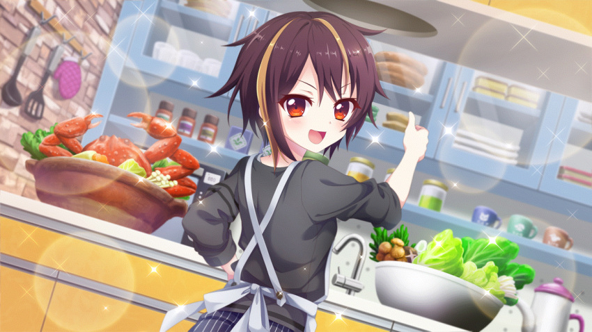 1girl apron bandou_mikuru blonde_hair bowl brick_wall brown_hair cabinet counter crab cup dot_nose dutch_angle faucet film_grain food from_behind game_cg grey_shirt hand_on_own_hip indoors izumi_tsubasu jar kitchen ladle lens_flare lettuce long_sleeves looking_at_viewer looking_back multicolored_hair mushroom non-web_source official_art open_mouth oven_mitts re:stage! red_eyes shelf shirt short_hair sleeve_rolled_up smile solo sparkle spatula spice streaked_hair thumbs_up two-tone_hair