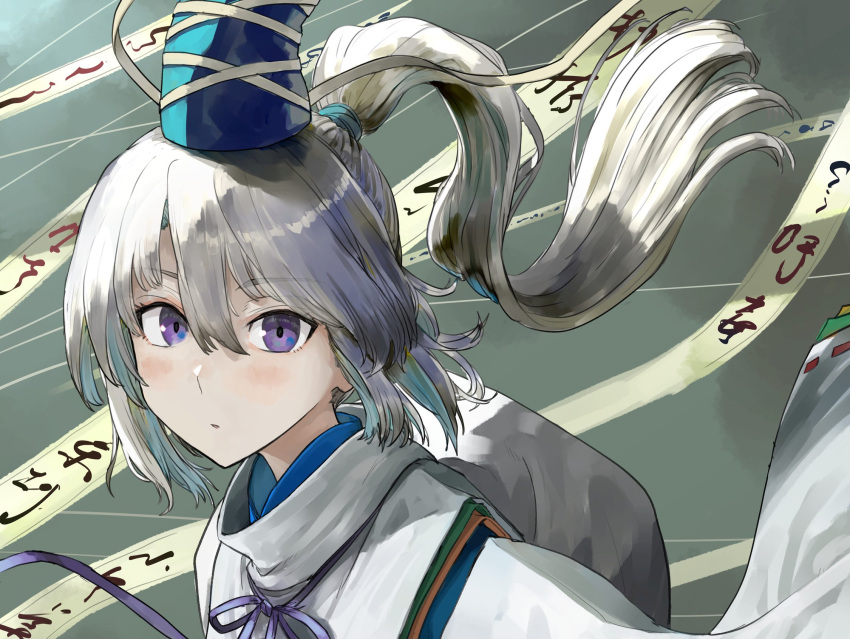 1girl blue_headwear dress expressionless grey_hair hair_flowing_over harapan-kun highres long_hair long_sleeves looking_at_viewer mononobe_no_futo ponytail revision solo touhou violet_eyes white_dress white_sleeves