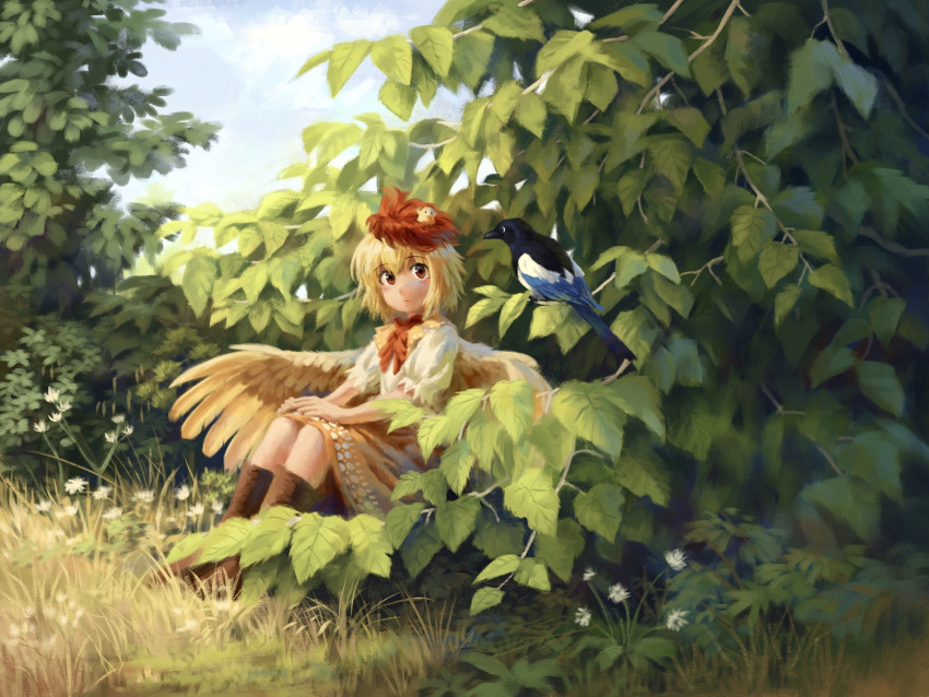 1girl animal_on_head bird bird_on_head bird_wings blonde_hair blush boots brown_footwear bush chick closed_mouth clouds day feathered_wings flower full_body grass hands_on_own_knees highres looking_at_animal multicolored_hair neckerchief niwatari_kutaka on_head orange_skirt outdoors puffy_short_sleeves puffy_sleeves red_eyes red_neckerchief redhead satellitedragon shirt short_hair short_sleeves sitting skirt sky solo touhou two-tone_hair white_flower white_shirt wings yellow_wings