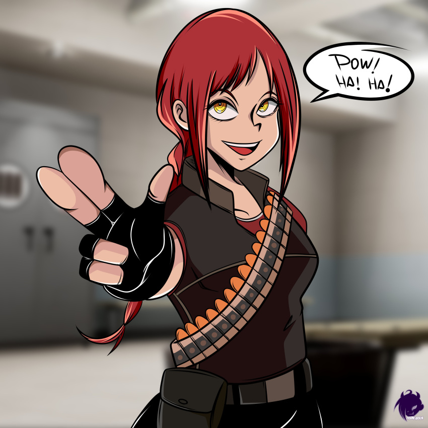 absurdres bandolier black_pants braid braided_ponytail bullet bulletproof_vest chainsaw_man cosplay crossover english_text fingerless_gloves frank_araya gloves heavy_(tf2) heavy_(tf2)_(cosplay) highres long_hair makima_(chainsaw_man) open_mouth pants parody pointing ponytail red_shirt redhead shirt speech_bubble team_fortress_2 vest yellow_eyes