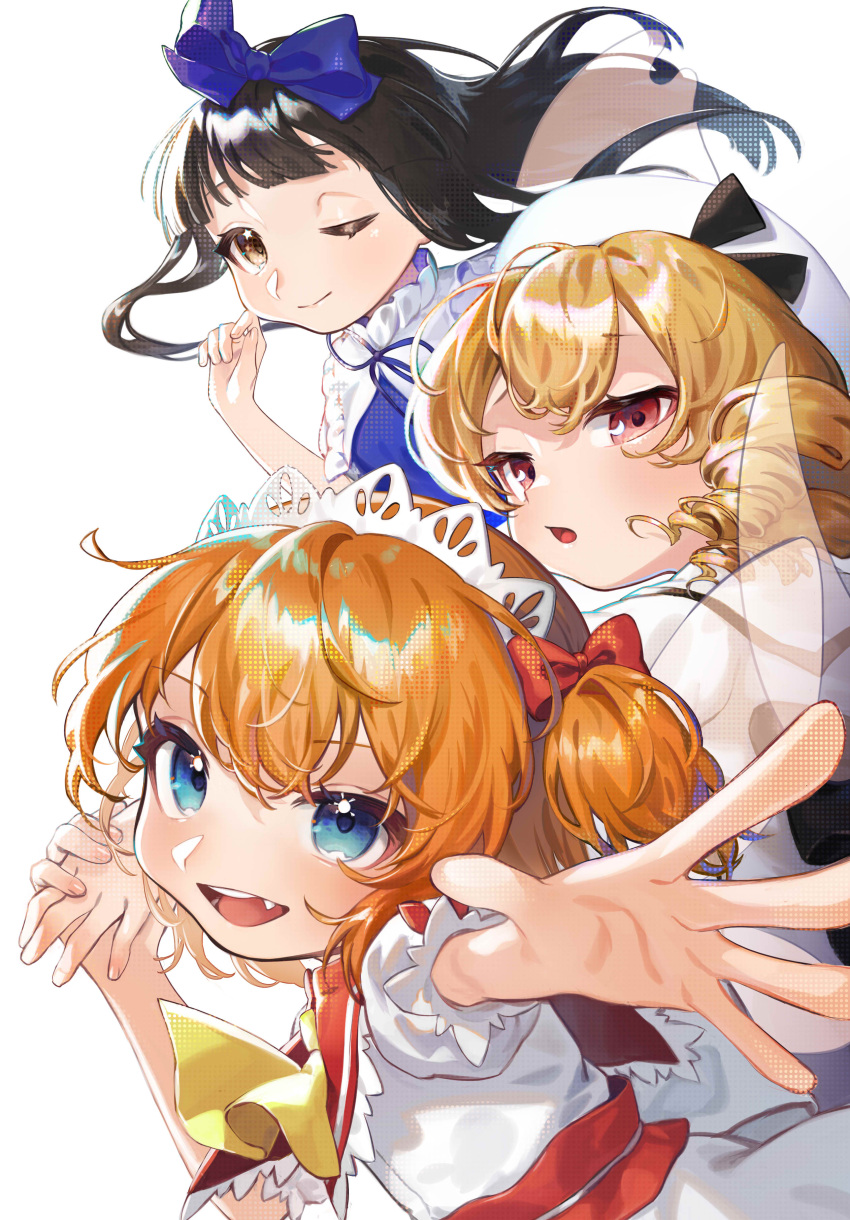 3girls absurdres blue_bow blue_dress blue_eyes bow brown_eyes closed_mouth commentary_request crescent dress drill_hair fairy fairy_wings fang fingernails hair_bow hat headdress highres long_hair luna_child multiple_girls one_eye_closed open_mouth red_eyes short_hair short_sleeves simple_background smile star_(symbol) star_sapphire sunny_milk teruteru_(teru_teru) touhou two_side_up white_background white_dress white_headwear wings