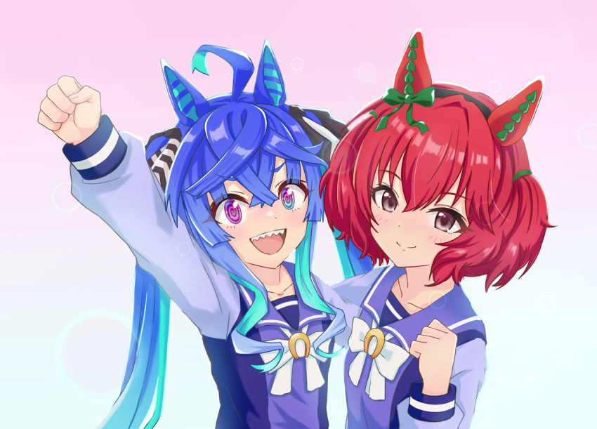 2girls @_@ ahoge animal_ears aqua_hair arm_up black_bow black_hairband blue_eyes blue_hair bow bowtie brown_eyes clenched_hand collarbone colored_inner_hair commentary_request cosplay crossover ear_bow ear_covers fake_animal_ears green_bow hair_between_eyes hair_bow hairband hanai_miharu heterochromia horse_girl idolmaster idolmaster_cinderella_girls long_hair long_sleeves monmonmur multicolored_hair multiple_girls murakami_tomoe nice_nature_(umamusume) nice_nature_(umamusume)_(cosplay) open_mouth purple_sailor_collar purple_shirt redhead ringlets sailor_collar sailor_shirt school_uniform sharp_teeth shirt short_hair sidelocks smile striped striped_bow teeth tracen_school_uniform twin_turbo_(umamusume) two-tone_bow umamusume upper_teeth_only violet_eyes voice_actor_connection white_bow white_bowtie winter_uniform