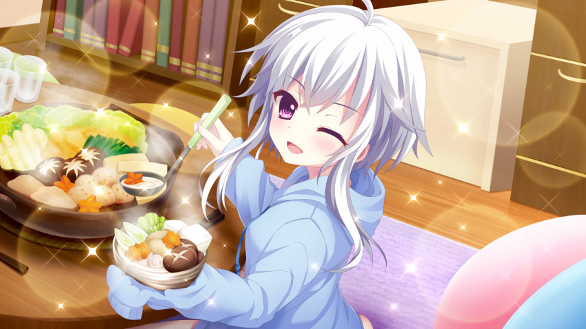 1girl ahoge blue_hoodie book bookshelf bowl chopsticks cup dot_nose film_grain food game_cg grey_hair holding holding_bowl holding_ladle hood hoodie ichijou_ruka indoors izumi_tsubasu ladle lens_flare long_sleeves looking_at_viewer non-web_source official_art on_floor one_eye_closed open_mouth re:stage! round_table rug short_hair_with_long_locks smile solo sparkle sukiyaki table violet_eyes wooden_floor wooden_table