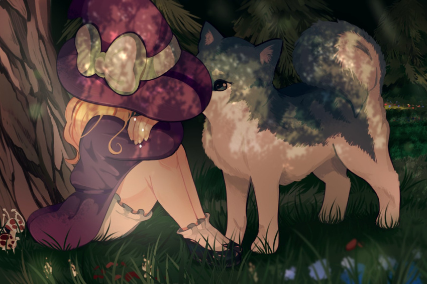 1girl 1other arms_on_knees blonde_hair bloomers bow calmeremerald crossed_arms crying dog dress forest grey_eyes grey_fur hat in_tree kirisame_marisa kirisame_marisa_(pc-98) mary_janes mushroom nature pine_tree purple_dress purple_headwear shoes sitting sitting_in_tree solo touhou touhou_(pc-98) tree underwear white_bloomers white_bow white_fur witch_hat