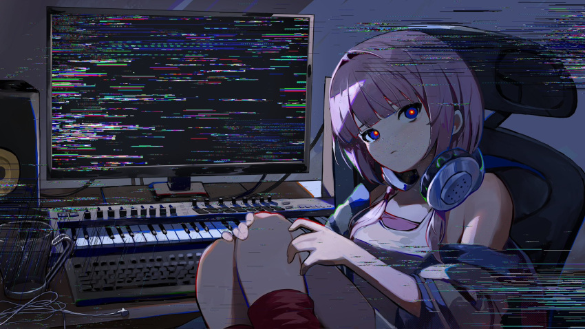 1girl \||/ alternate_costume blue_eyes blunt_bangs chromatic_aberration closed_mouth commentary_request computer expressionless feet_out_of_frame glitch hair_intakes hair_over_shoulder hand_on_own_knee headphones headphones_around_neck highres indoors instrument jacket jacket_partially_removed kaf_(kamitsubaki_studio) kamitsubaki_studio keyboard_(computer) keyboard_(instrument) kneehighs knees_up kurehalxxx looking_at_viewer low_twintails multicolored_eyes on_chair pink_hair red_eyes red_socks sitting socks solo stereo tank_top twintails undershirt virtual_youtuber white_jacket white_tank_top yellow_pupils