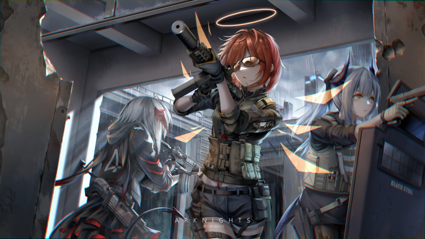 3girls aiming ammunition_pouch arknights assault_rifle black_gloves brown_gloves chinese_commentary chromatic_aberration clouds cloudy_sky commentary_request cowboy_shot doorway expressionless exusiai_(arknights) facing_away from_below gangsta_hold gloves grey_hair gun halo handgun highres holding holding_gun holding_weapon horns indoors jacket ladder liskarm_(arknights) load_bearing_equipment load_bearing_vest long_hair looking_ahead midriff_peek multiple_girls navel pouch rain redhead rifle riot_shield safety_glasses serious shield short_hair short_shorts shorts sky sleeves_past_elbows submachine_gun suppressor tactical_clothes trigger_discipline w_(arknights) weapon weapon_on_back yellow_eyes z_05