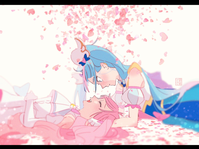 2girls artist_name ascot blue_cape blue_dress blue_eyes blue_hair blurry bow brooch cape cherry_blossoms closed_eyes commentary cure_prism cure_sky cut_bangs detached_sleeves dress earclip elbow_gloves facing_another fingerless_gloves gloves hands_in_another's_armpits highres hirogaru_sky!_precure jewelry laughing letterboxed long_hair looking_at_another lying magical_girl multicolored_hair multiple_girls on_back on_stomach open_mouth parted_lips petals pink_hair precure puffy_short_sleeves puffy_sleeves short_sleeves signature sleeveless sleeveless_dress smile sora_harewataru streaked_hair tete_a twintails two-tone_hair very_long_hair white_ascot white_dress white_gloves wing_brooch wing_hair_ornament yuri
