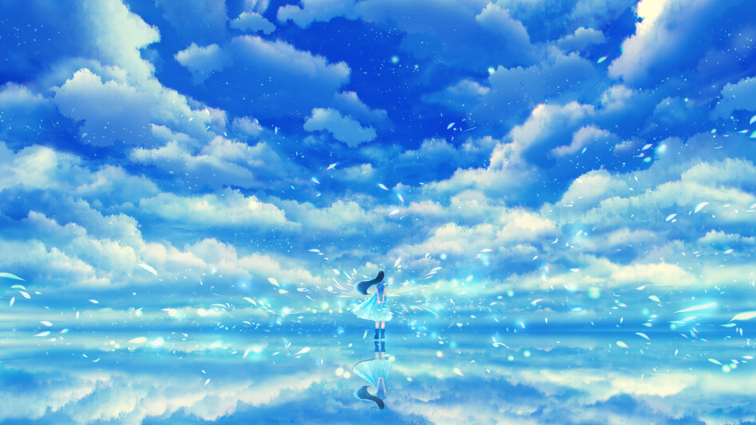 1girl arms_behind_back black_hair blue_dress blue_footwear blue_sky boots chromatic_aberration clouds cloudy_sky dress from_behind highres light_particles long_hair original outdoors own_hands_together reflection sakimori_(hououbds) short_sleeves sky solo standing wide_shot