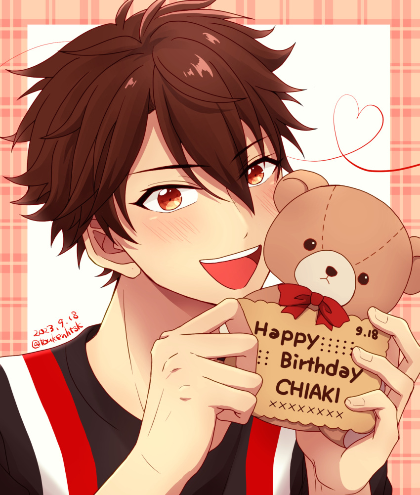 1boy bow bowtie brown_eyes brown_hair character_name dated ensemble_stars! happy_birthday heart highres holding holding_stuffed_toy kanata_(toukenhtsk) looking_at_viewer male_focus morisawa_chiaki open_mouth red_bow red_bowtie short_hair smoke solo stuffed_animal stuffed_toy teddy_bear teeth twitter_username upper_teeth_only