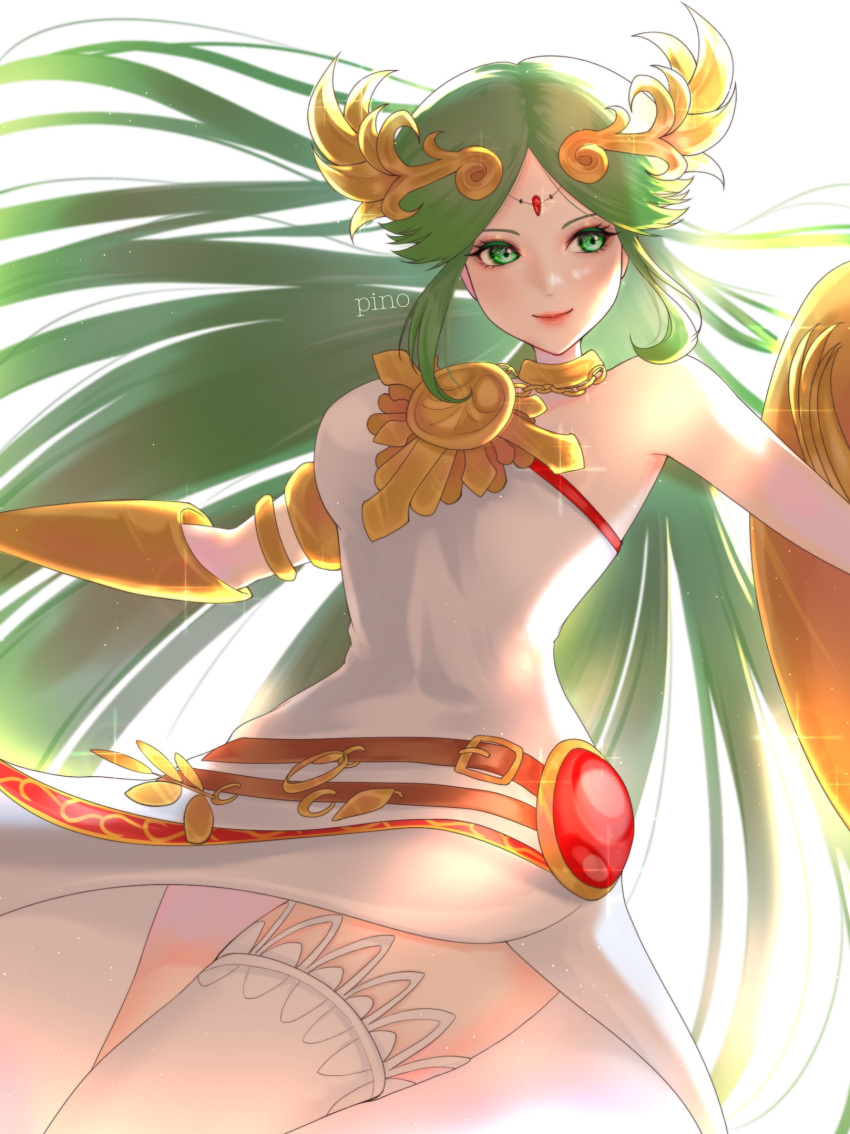 1girl armlet backlighting bare_shoulders breasts chain chiton circlet diadem dress forehead_jewel gold gold_chain green_eyes green_hair highres holding holding_shield jewelry kid_icarus kid_icarus_uprising large_breasts long_hair neck_ring palutena parted_bangs pendant shield side_slit single_thighhigh strapless strapless_dress thigh-highs vambraces very_long_hair white_dress