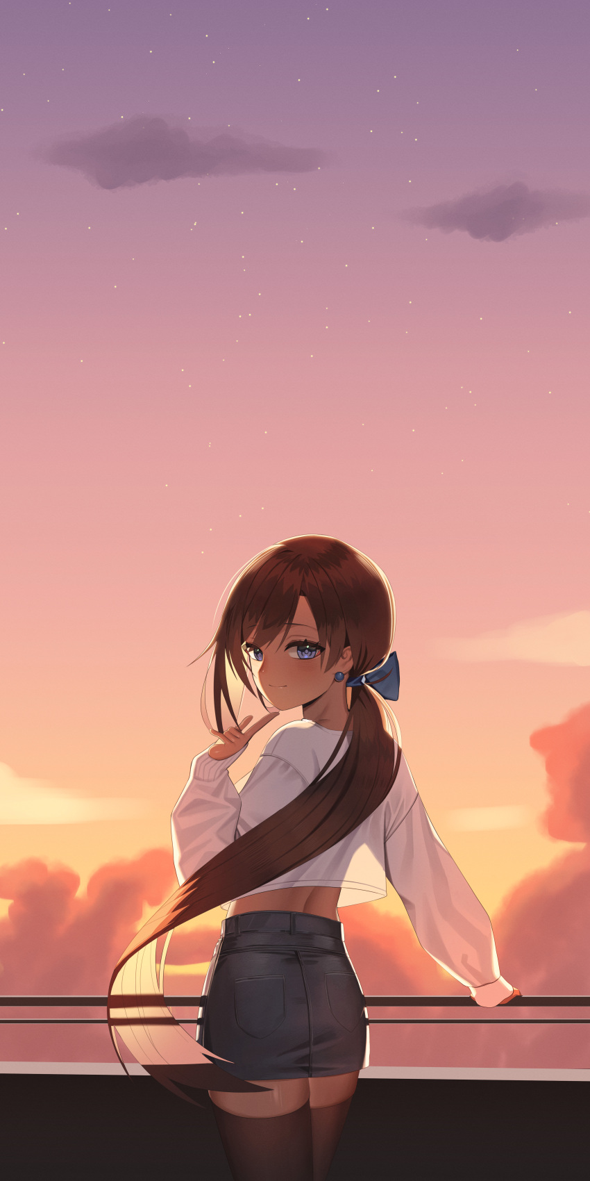 1girl absurdres black_thighhighs blue_bow blue_eyes blush bow brown_hair commission cropped_shirt dated_commentary denim denim_skirt earrings from_behind gimseol hair_bow hand_on_railing hand_up highres index_finger_raised jewelry long_hair long_sleeves looking_at_viewer looking_back orange_sky original shirt skirt sky sleeves_past_wrists solo star_(sky) starry_sky thigh-highs very_long_hair white_shirt