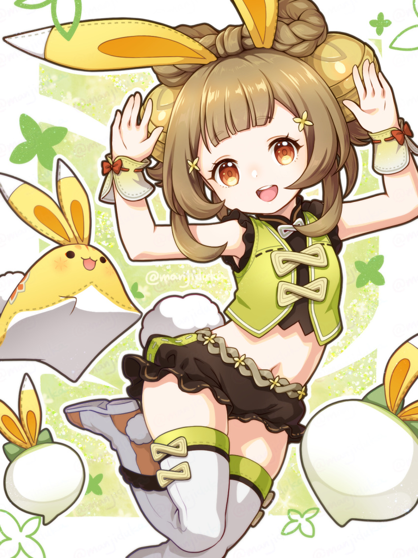 1girl :d adapted_costume alternate_costume animal_ears armpits bell black_shorts blunt_bangs boots bow-shaped_hair braid brown_hair bunny_day chinese_clothes commentary_request fake_animal_ears genshin_impact hair_bell hair_ornament hands_up highres long_hair looking_at_viewer manji_taba navel orange_eyes rabbit_ears radish short_shorts shorts sidelocks simple_background sleeveless smile solo standing standing_on_one_leg stomach stuffed_animal stuffed_rabbit stuffed_toy thigh_boots twin_braids white_footwear yaoyao_(genshin_impact) yuegui_(genshin_impact) zettai_ryouiki
