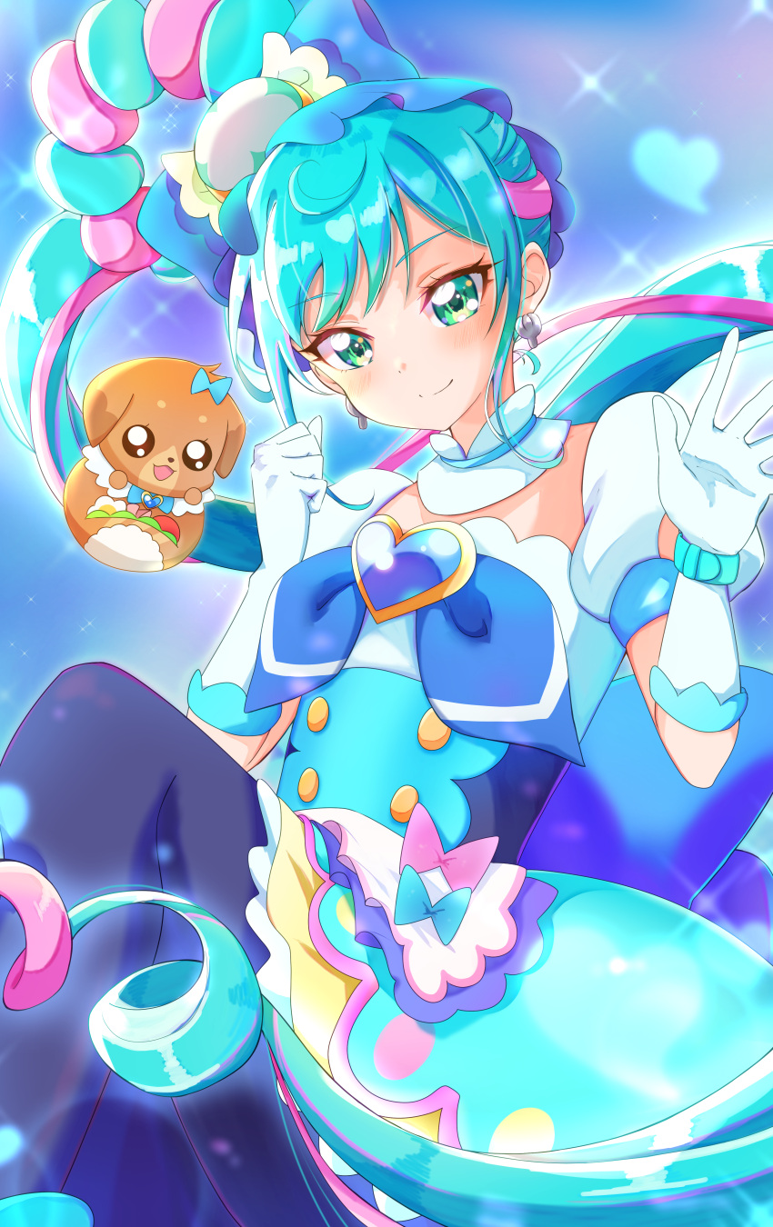 1girl absurdres apron blue_background blue_bow blue_eyes blue_hair blush bow brooch choker closed_mouth cure_spicy delicious_party_precure dog dress earrings elbow_gloves fuwa_kokone gloves green_eyes hair_bow hair_ornament heart heart_brooch highres huge_bow jewelry long_hair looking_at_viewer magical_girl multicolored_hair open_mouth pam-pam_(precure) pantyhose pink_hair precure short_sleeves side_ponytail skirt smile solo sugimura_mickey very_long_hair white_gloves