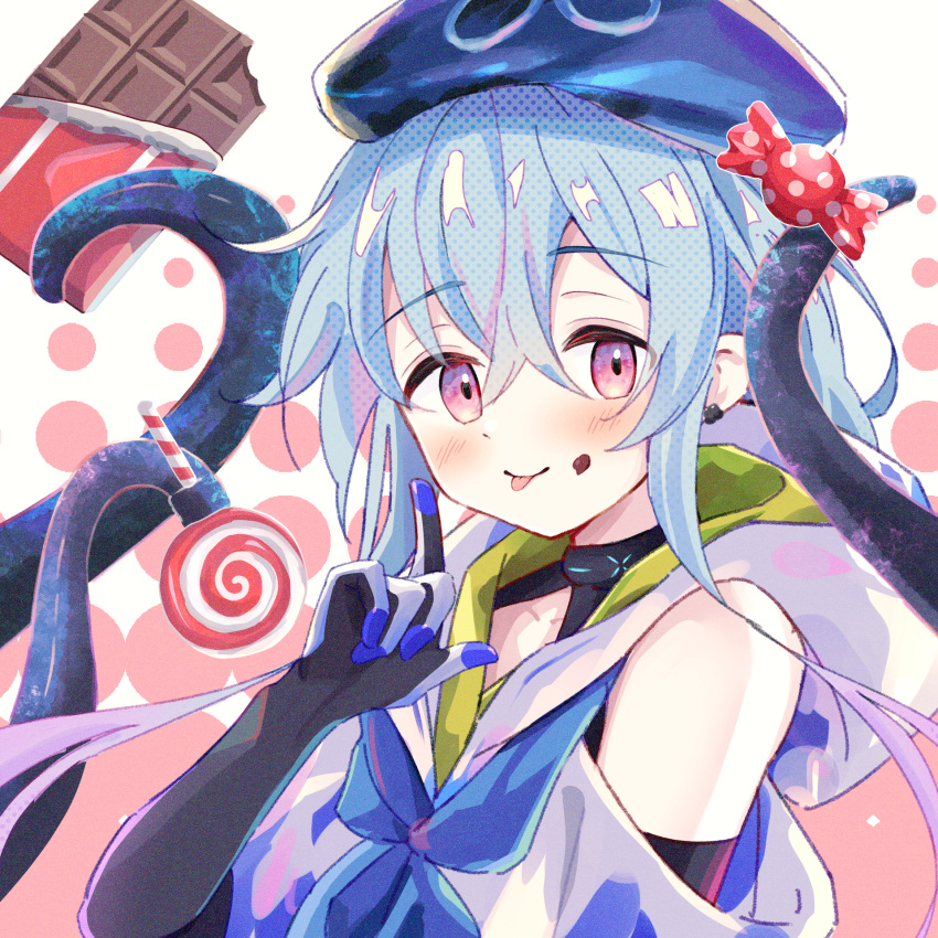 1boy :p arknights arm_up bare_shoulders beret black_gloves blue_hair blue_headwear blush candy chocolate chocolate_bar clothing_cutout commentary crossed_bangs elbow_gloves food food_on_face gloves gradient_hair hat highres hood hooded_jacket infection_monitor_(arknights) jacket light_blue_hair lollipop looking_at_viewer male_focus mizuki_(arknights) multicolored_hair pink_background pink_eyes pink_hair pointing pointing_up riu_kawano shoulder_cutout solo tentacles tongue tongue_out upper_body white_background white_jacket