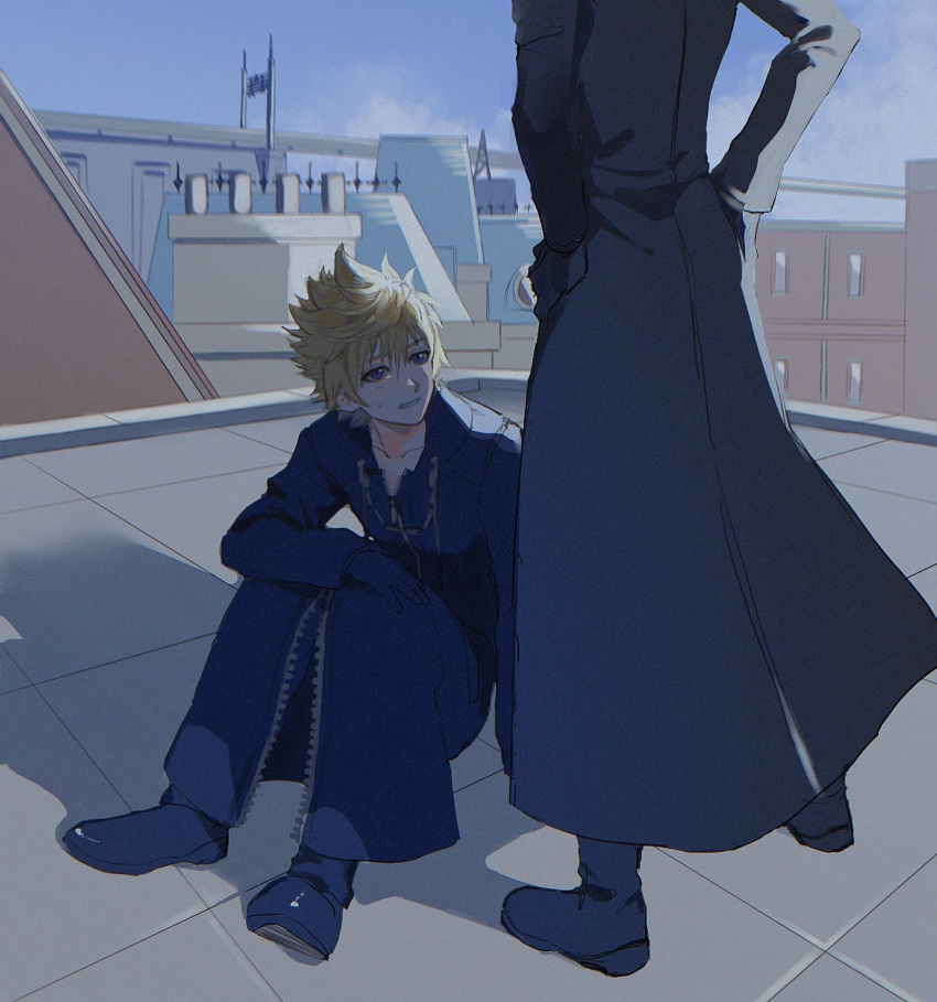 2boys architecture axel_(kingdom_hearts) black_coat black_coat_(kingdom_hearts) black_footwear black_gloves blonde_hair blue_eyes building city clenched_teeth coat elbow_on_knee evening face_in_shadow gloves hands_on_own_hips highres kingdom_hearts kingdom_hearts_358/2_days kingdom_hearts_ii long_coat male_focus messy_hair multiple_boys on_roof open_mouth outdoors railroad_tracks rooftop roxas shoes short_hair sitting sitting_on_roof spiky_hair standing standing_on_roof sweatdrop tdmmt_r teeth town window zipper
