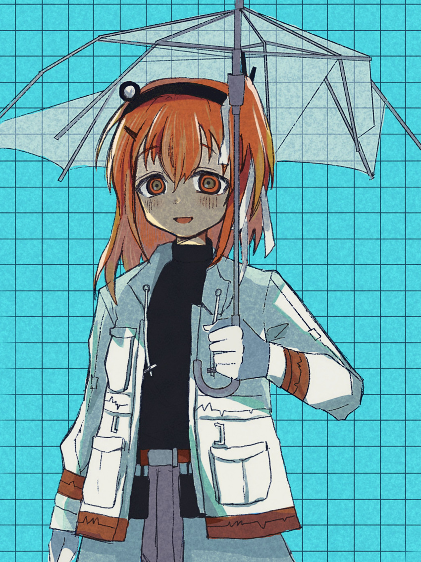 1girl a.i._voice absurdres adachi_rei aqua_background arm_at_side belt belt_pouch black_shirt blush broken_umbrella commentary_request gloves grey_eyes grey_skirt grid_background hair_ribbon headlamp highres holding holding_umbrella jacket long_hair long_sleeves looking_at_viewer marihico multicolored_eyes one_side_up open_clothes open_jacket open_mouth orange_belt orange_eyes orange_hair overskirt pleated_skirt pouch raised_eyebrows ribbon shirt skirt smile solo tareme transparent transparent_umbrella turtleneck umbrella utau white_gloves white_jacket white_ribbon