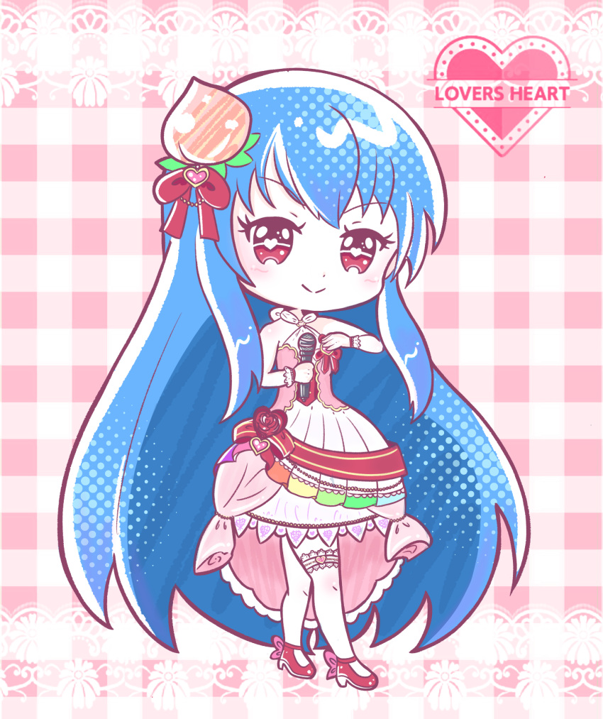 1girl artist_request blue_hair bow chibi closed_mouth commentary cosplay dress english_commentary english_text hair_ornament heart highres hinanawi_tenshi idolmaster long_hair looking_at_viewer microphone red_eyes smile solo symbol-shaped_pupils touhou very_long_hair