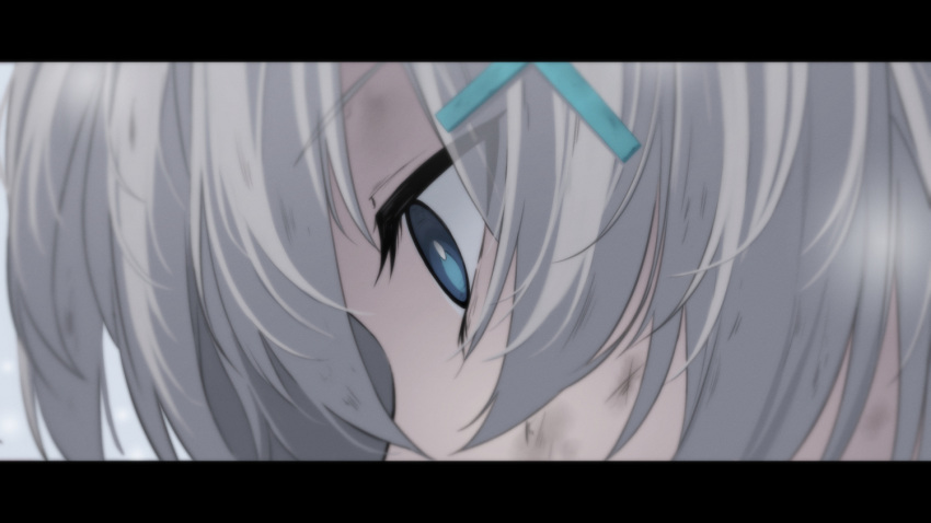 1girl aged_down amnesia blue_archive blue_eyes blurry bruise commentary cross_hair_ornament depth_of_field grey_hair hair_between_eyes hair_ornament injury junu_(jwoo5627) outdoors parted_lips profile shiroko_(blue_archive) shiroko_(young)_(blue_archive) short_hair sidelocks snowing solo surprised symbol-only_commentary