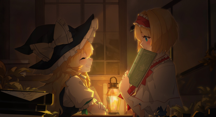 2girls alice_margatroid apron black_headwear blonde_hair blue_eyes blush book bow braid capelet closed_eyes closed_mouth commentary_request dress flower frills hair_bow hairband hat hat_bow holding indoors japanese_clothes kimono kirisame_marisa lantern lily_(flower) long_hair long_sleeves looking_at_another multiple_girls nejikyuu profile puffy_short_sleeves puffy_sleeves ribbon shirt short_hair short_sleeves side_braid single_braid smile touhou upper_body vest waist_apron white_bow white_shirt witch_hat yellow_eyes yukata