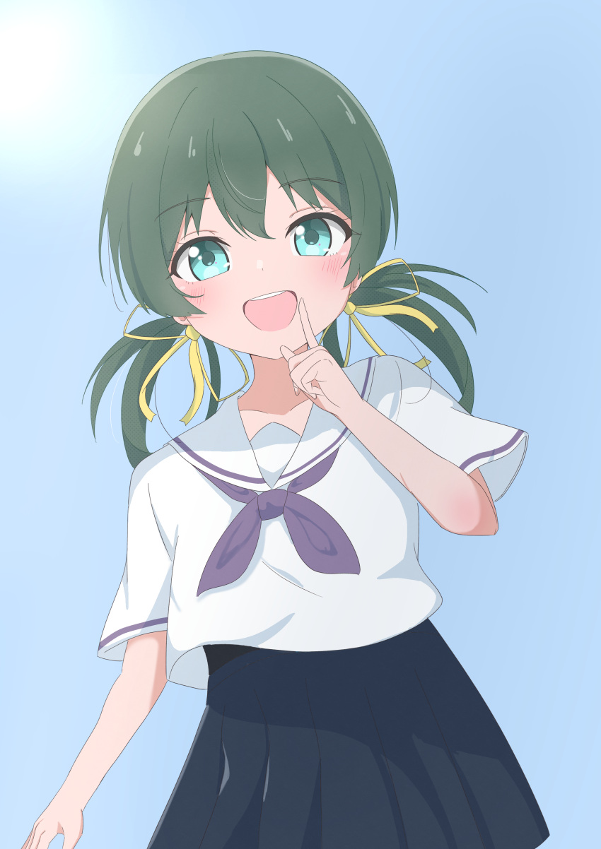 1girl :d absurdres blue_eyes blue_skirt blue_sky blush day dot_nose dutch_angle finger_to_mouth green_hair hair_between_eyes hair_ribbon highres idoly_pride index_finger_raised kon_wel72 long_hair looking_at_viewer low_twintails neckerchief okuyama_sumire open_mouth outdoors pleated_skirt purple_neckerchief ribbon sailor_collar school_uniform serafuku shirt short_sleeves skirt sky smile solo sun teeth twintails upper_teeth_only white_sailor_collar white_shirt wind wind_lift yellow_ribbon