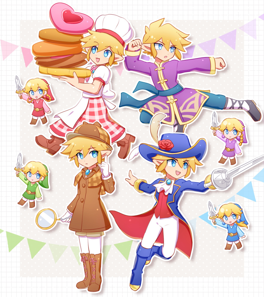 6+boys :d absurdres apron blue_eyes blue_footwear blue_headwear boots brown_coat brown_footwear brown_headwear chef chef_hat coat cosplay deerstalker detective_peach enni epee flying_kick full_body hair_between_eyes hat hat_feather highres holding holding_magnifying_glass holding_sword holding_weapon kicking kung_fu kung_fu_master_peach link magnifying_glass multiple_boys pants pastry_chef_peach princess_peach princess_peach:_showtime! princess_peach_(cosplay) smile super_mario_bros. sword swordfighter_peach the_legend_of_zelda the_legend_of_zelda:_four_swords weapon white_pants