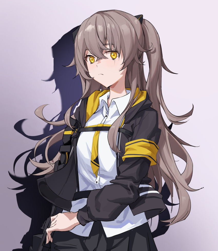 1girl black_jacket black_skirt brown_hair closed_mouth collared_shirt frown girls_frontline gradient_background highres hood hood_down hooded_jacket jacket ken_rqll long_hair long_sleeves looking_at_viewer neckerchief open_clothes open_jacket scar scar_across_eye shadow shirt side_ponytail skirt solo ump45_(girls'_frontline) upper_body yellow_eyes yellow_neckerchief