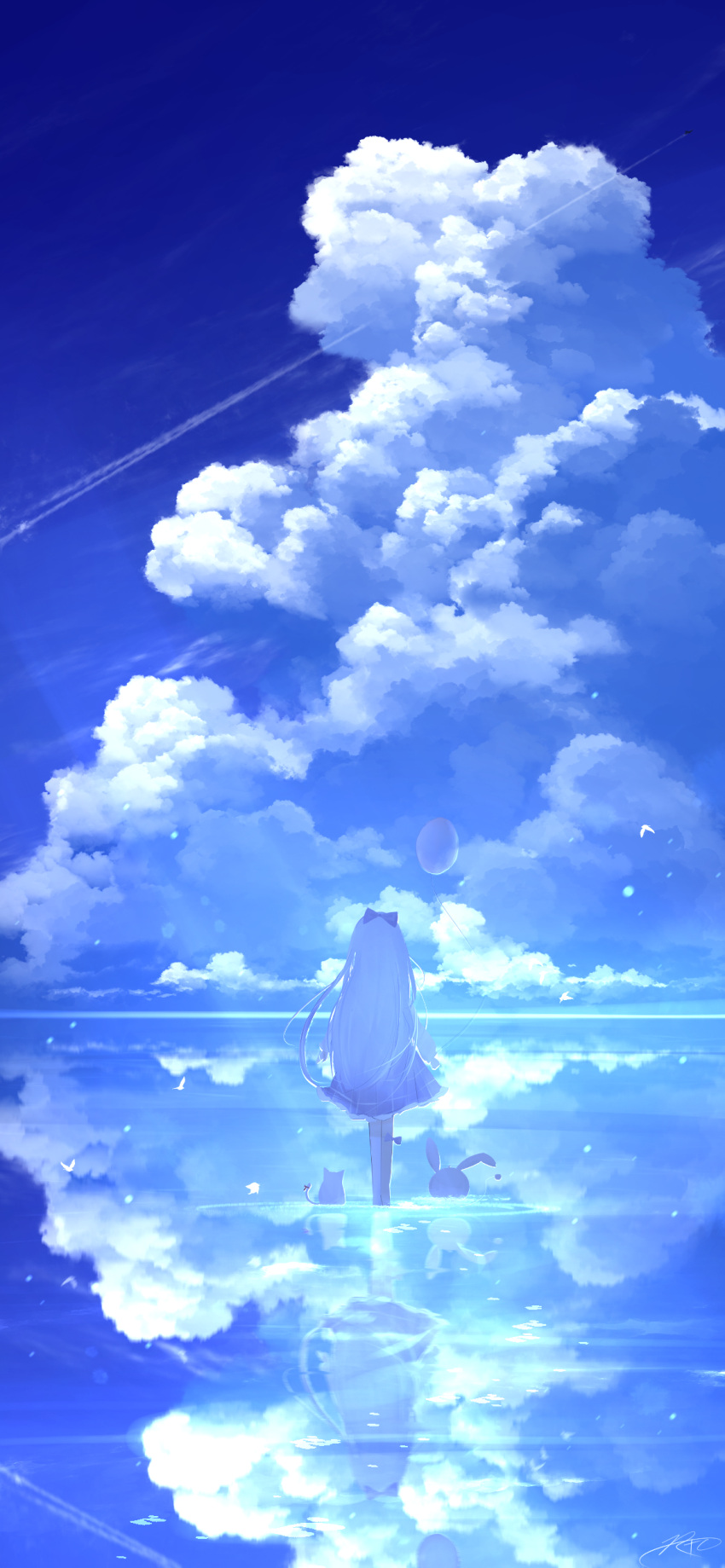 1girl absurdres balloon blue_sky bow cat clouds creature day hair_bow highres horizon long_hair original outdoors reflection reflective_water rune_xiao scenery sky soaking_feet water white_hair