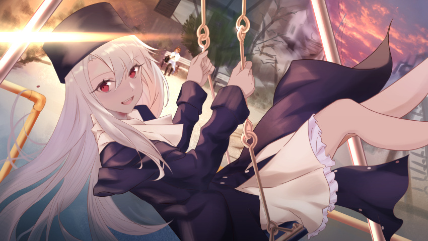 1girl absurdres bench coat evening fate/stay_night fate_(series) fur_hat hat highres illyasviel_von_einzbern kokushi_kanta long_sleeves looking_at_viewer papakha park purple_coat purple_headwear red_eyes red_sky sky solo_focus swing white_hair