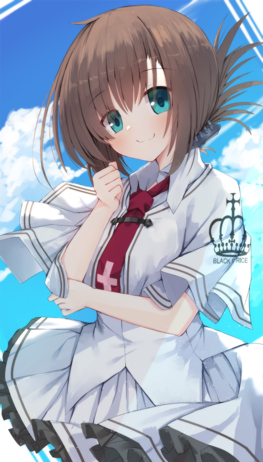 1girl :3 absurdres aqua_eyes arm_under_breasts blue_sky blush brown_hair capelet clenched_hand closed_mouth clothes_writing clouds commentary cowboy_shot cross_print crown_print day eyes_visible_through_hair floating_clothes folded_ponytail frilled_skirt frills hair_between_eyes hand_up highres looking_at_viewer medium_hair miniskirt necktie nodoameyatou outdoors red_necktie school_uniform shirt skirt sky smile solo subarashiki_hibi tachibana_kimika white_capelet white_shirt white_skirt