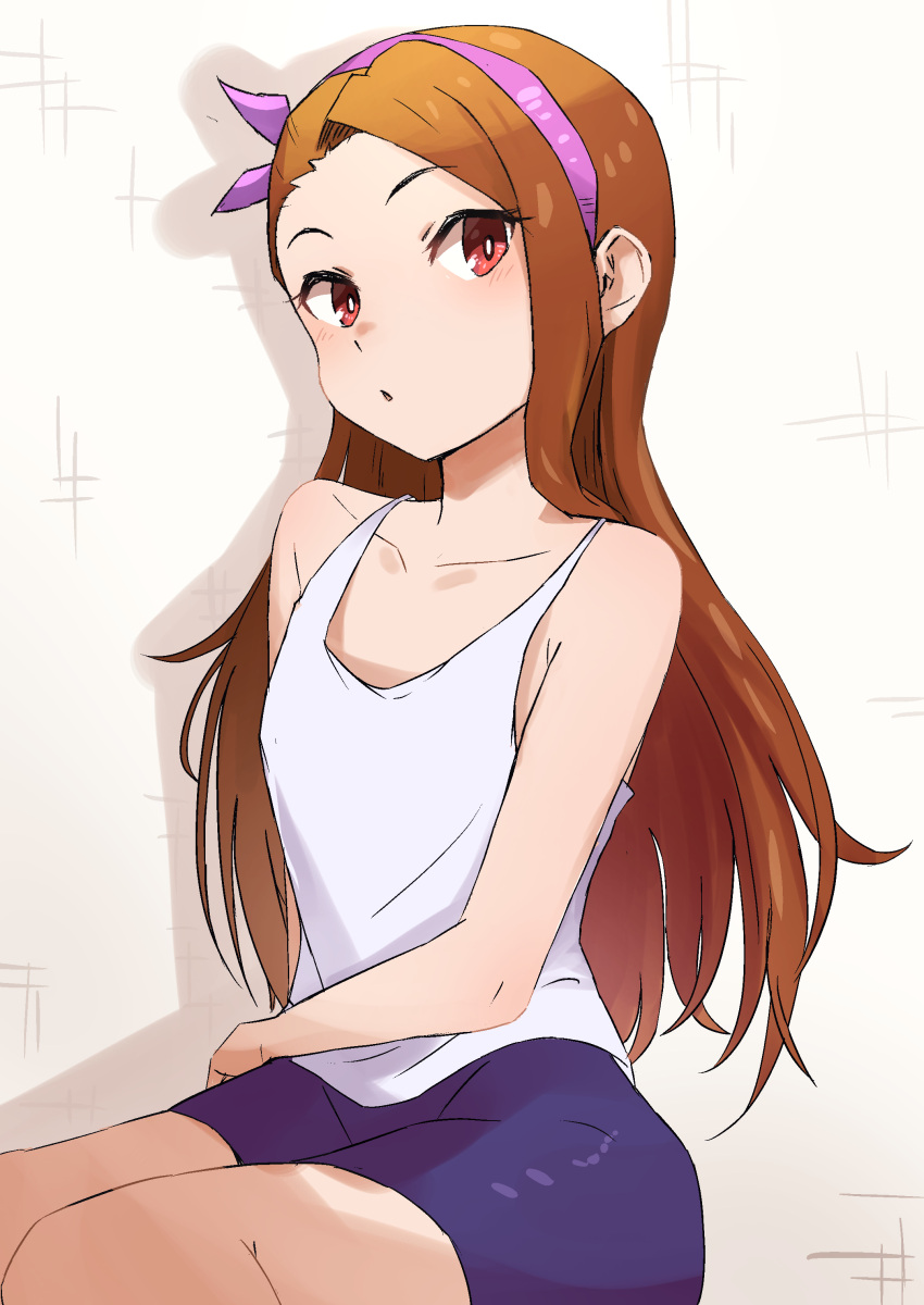 1girl absurdres bare_shoulders bike_shorts blush breasts brown_hair collarbone commentary hairband highres idolmaster idolmaster_(classic) idolmaster_million_live! idolmaster_million_live!_theater_days long_hair looking_at_viewer minase_iori ms_rinmoku parted_lips pink_hairband red_eyes shadow shirt simple_background sitting sleeveless sleeveless_shirt small_breasts solo white_background white_shirt