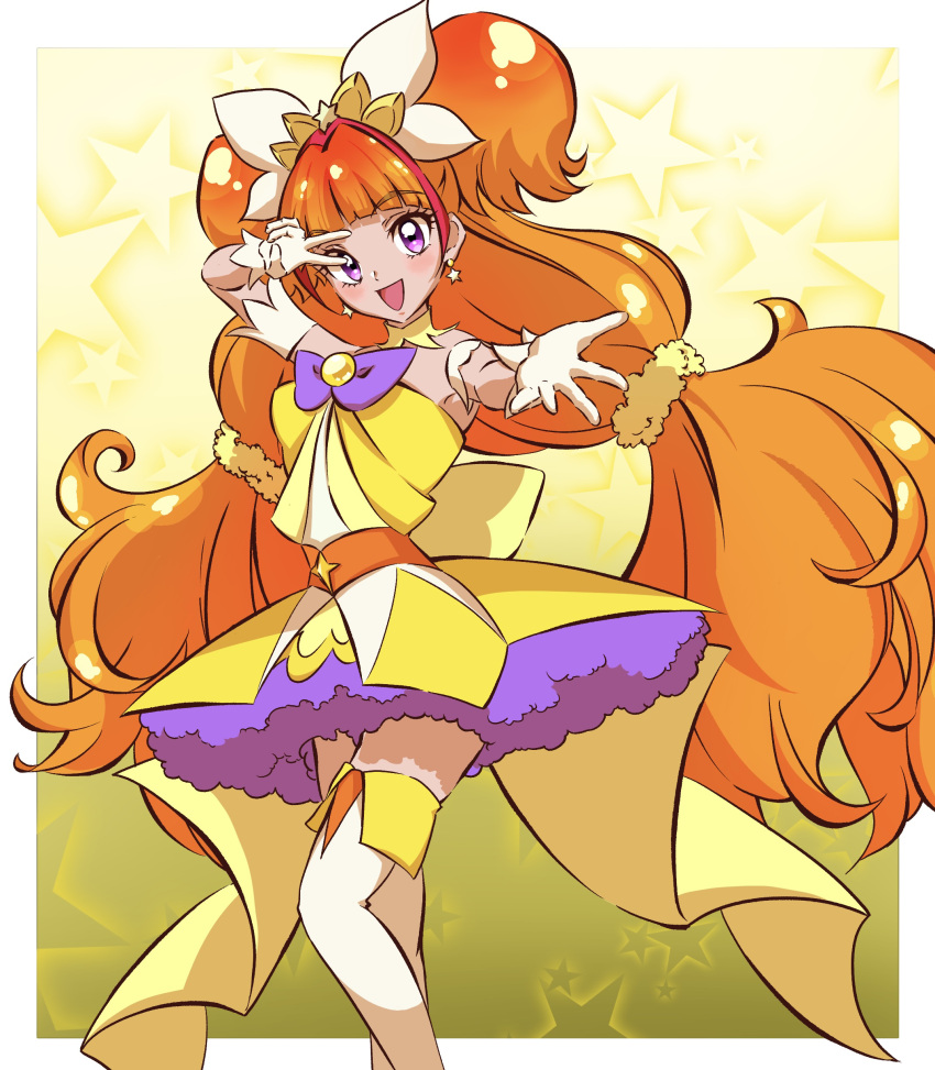 1girl :d absurdres amanogawa_kirara arm_up armband back_bow blunt_bangs boots bow commentary cure_twinkle detached_collar dress dress_bow earrings gloves go!_princess_precure hair_ornament hair_scrunchie highres huge_bow jewelry kengo_kumaxile long_hair looking_at_viewer low-tied_long_hair magical_girl multicolored_hair open_mouth orange_hair precure reaching reaching_towards_viewer redhead scrunchie short_dress smile solo standing star_(symbol) star_earrings starry_background strapless strapless_dress streaked_hair thigh_boots tiara twintails two-tone_hair v_over_eye very_long_hair violet_eyes white_footwear white_gloves yellow_background yellow_collar yellow_dress