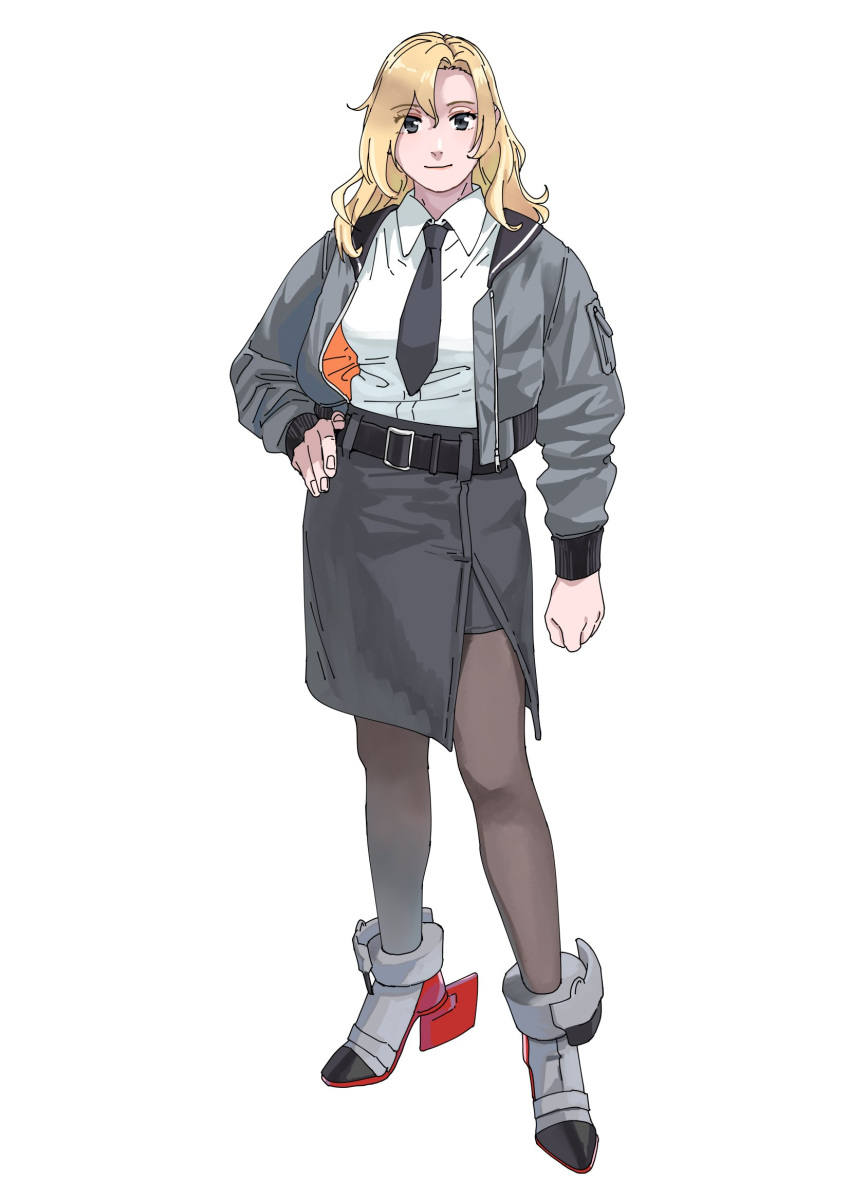 1girl belt black_belt black_footwear black_jacket black_necktie bloom closed_mouth collared_shirt commentary grey_eyes grey_footwear grey_jacket grey_skirt hand_on_own_hip high_heels highres hornet_(kancolle) jacket kantai_collection light_smile long_sleeves looking_at_viewer medium_hair necktie ojipon open_clothes open_jacket pantyhose parted_bangs pencil_skirt shirt simple_background skirt smile solo standing symbol-only_commentary wavy_hair white_background white_shirt