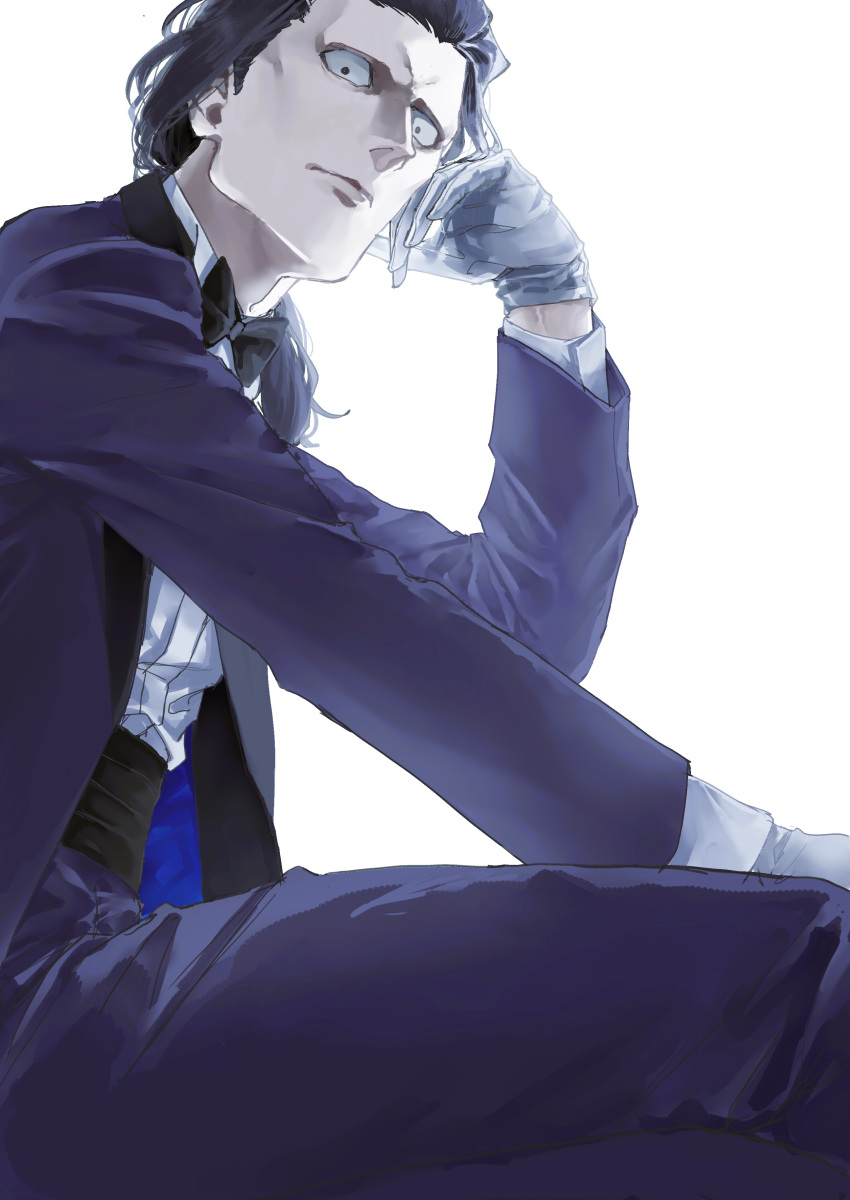 1boy absurdres alternate_costume black_bow black_bowtie black_hair bow bowtie expressionless fate/grand_order fate_(series) feet_out_of_frame from_below gilles_de_rais_(saber)_(fate) gloves highres looking_at_viewer male_focus pedal15aj short_hair sitting solo suit white_gloves