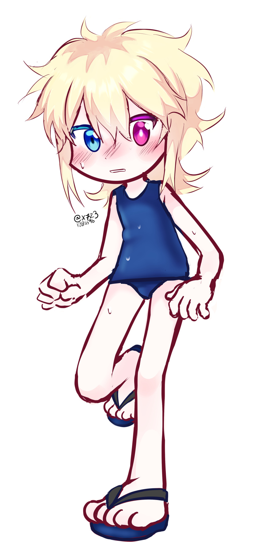 1boy absurdres blonde_hair blush chibi heterochromia highres looking_at_viewer male_focus multicolored_eyes nervous non-web_source one-piece_swimsuit original swimsuit water_drop