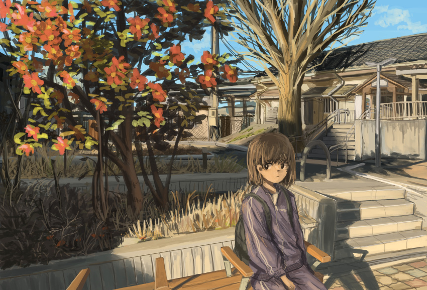 1girl absurdres anko1127 architecture bare_tree bench blue_sky bright_pupils brown_eyes brown_hair building commentary_request east_asian_architecture evening flower hair_behind_ear highres jacket long_sleeves looking_to_the_side medium_hair on_bench original outdoors pants park park_bench planter purple_jacket purple_pants red_flower scenery shadow sitting sitting_on_bench sky solo track_jacket track_pants tree white_pupils wide_shot