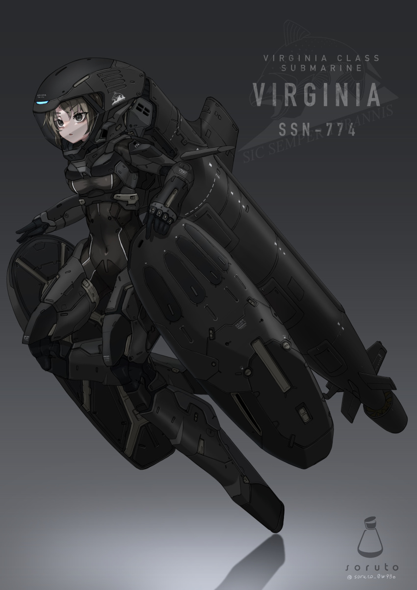 1girl absurdres armor armored_bodysuit black_bodysuit blonde_hair bodysuit breasts commentary_request covered_navel full_body gradient_background grey_background grey_eyes helmet highres mecha_musume medium_breasts original personification shadow solo soruto_0w98e submarine tsurime watercraft