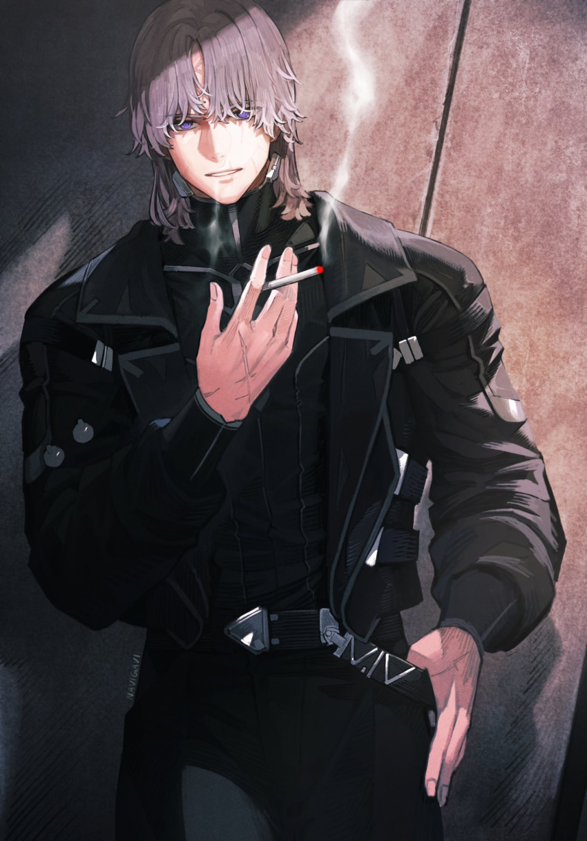 1boy armored_core armored_core_6 cigarette cowboy_shot highres holding holding_cigarette jacket jun_(navigavi) large_hands leather leather_jacket leather_pants light_brown_hair looking_at_viewer male_focus pants scar scar_on_hand short_hair smile solo v.iv_rusty violet_eyes