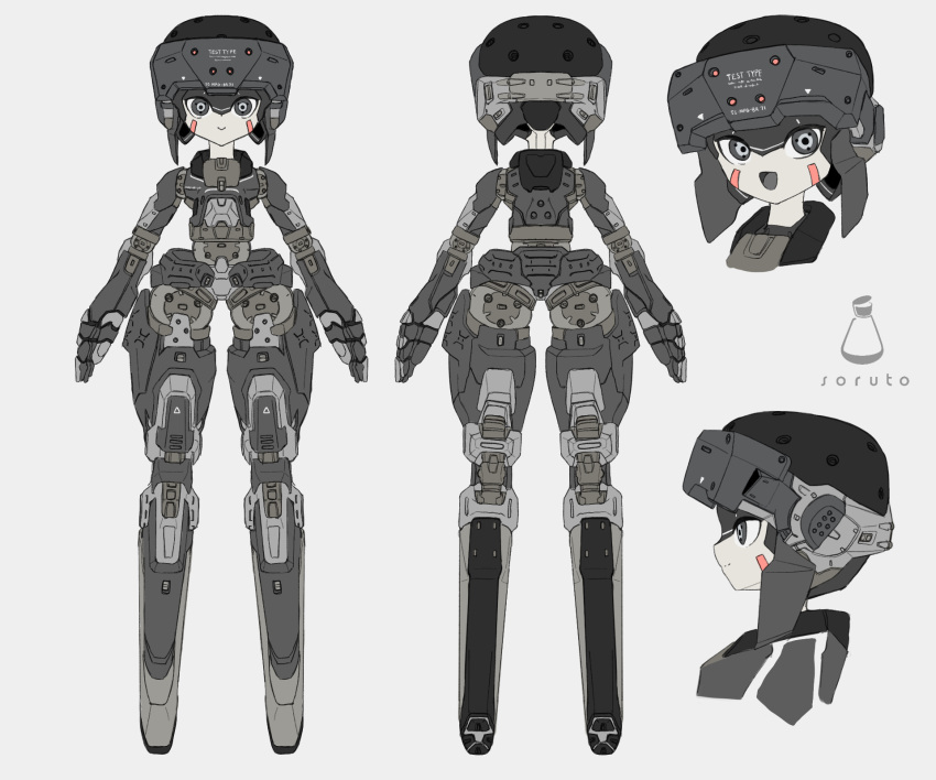 1girl :d armor arms_at_sides colored_skin commentary_request facial_mark flat_color from_behind from_side goggles goggles_on_head grey_background grey_eyes head-mounted_display highres joints looking_at_viewer multiple_views no_feet original reference_sheet robot_girl robot_joints smile soruto_0w98e standing straight-on white_skin