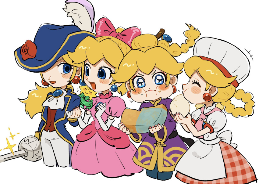 1other 4girls apron ascot blonde_hair blue_eyes blue_headwear blue_jacket blush bow braid brooch chef_hat chibi chinese_clothes dress earrings elbow_gloves feathers flower food gloves hair_bow hat hat_feather hat_flower highres holding holding_food holding_sword holding_weapon jacket jewelry kung_fu_master_peach mimimi_(mimimim9999) multiple_girls official_alternate_costume official_alternate_hairstyle open_mouth pants pastry_chef_peach pink_bow pink_dress ponytail princess_peach princess_peach:_showtime! puffy_short_sleeves puffy_sleeves rapier red_flower red_rose red_vest rose short_sleeves simple_background sphere_earrings stella_(peach) super_mario_bros. sword swordfighter_peach vest weapon white_apron white_ascot white_background white_feathers white_gloves white_pants