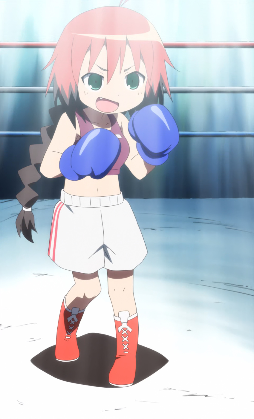 1girl ahoge boxing_gloves boxing_ring boxing_shorts braid fang green_eyes kill_me_baby long_hair navel open_mouth redhead screencap shorts single_braid solo sports_bra stitched unused_character