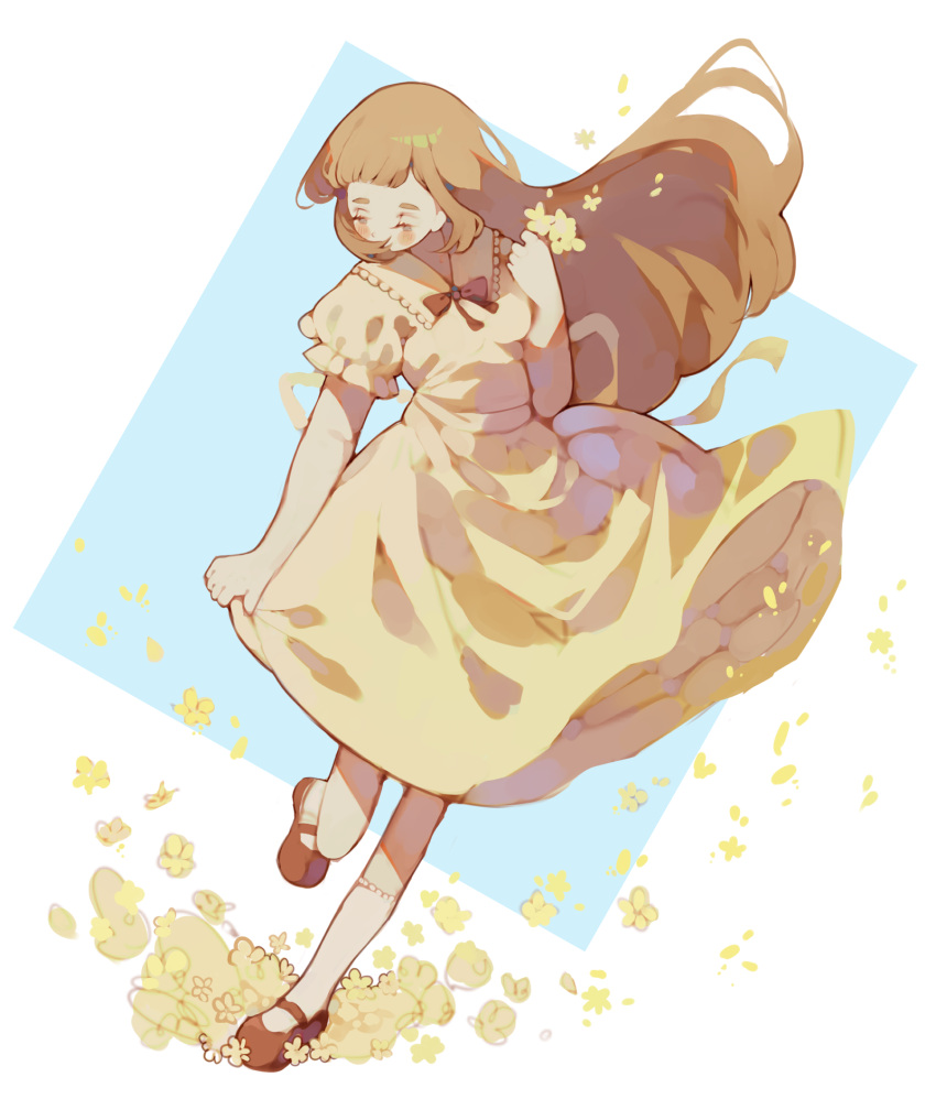 1girl back_bow blunt_bangs bow bowtie brown_eyes brown_hair clothes_lift collar collared_dress covered_mouth daisy dress dress_lift english_commentary eyelashes flower frilled_collar frilled_dress frilled_sleeves frilled_socks frills full_body hair_lift half-closed_eyes highres holding holding_clothes holding_dress holding_flower leg_up light_blush littlebluemuffin long_hair looking_down mary_janes original petals red_bow red_bowtie red_footwear ribbon sash shoes short_dress short_sleeves socks square summer thick_eyebrows white_background white_collar white_socks wind wind_lift yellow_bow yellow_dress yellow_flower yellow_ribbon yellow_sash