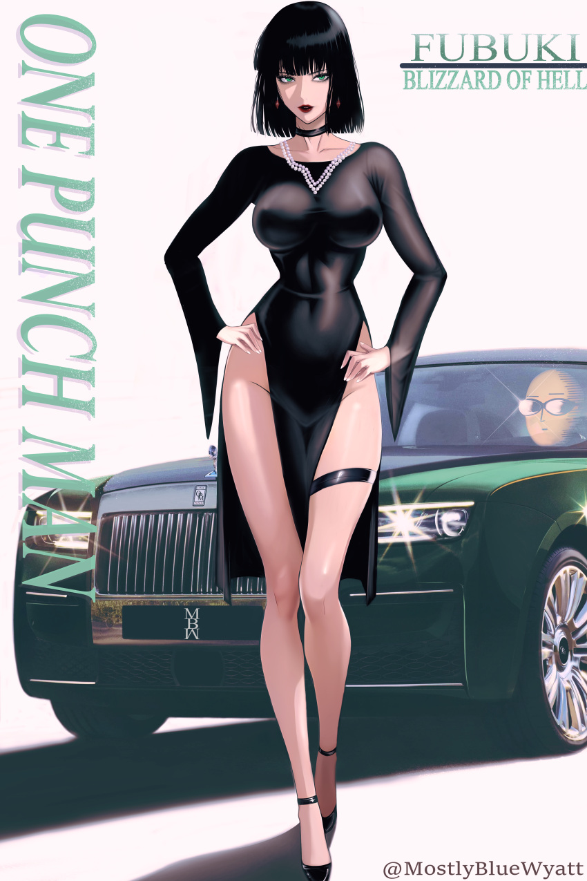 1girl absurdres bare_legs black_dress black_hair breasts car choker dress earrings fubuki_(one-punch_man) full_body green_eyes hands_on_own_hips high_heels highres impossible_clothes impossible_dress jewelry large_breasts lipstick long_sleeves makeup mostlybluewyatt motor_vehicle narrow_waist necklace one-punch_man pearl_necklace saitama_(one-punch_man) short_hair solo thigh_strap thighs