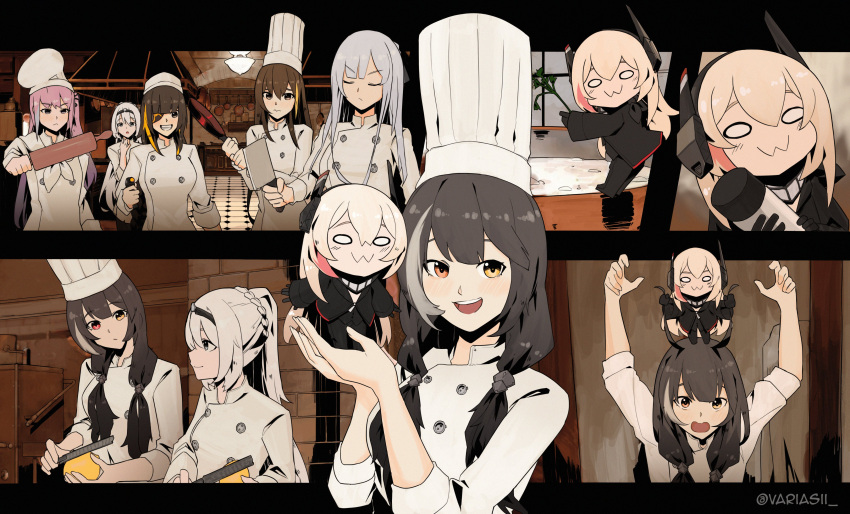 6+girls :3 absurdres ak-12_(girls'_frontline) an-94_(girls'_frontline) black_hair blonde_hair brown_hair chef chef_hat cleaver closed_eyes commentary english_commentary flat_top_chef_hat food fruit girls_frontline grabbing_another's_hair grin hair_over_shoulder hat heterochromia highres holding holding_cleaver holding_food lemon long_hair m16a1_(girls'_frontline) m4_sopmod_ii_(girls'_frontline) m4_sopmod_ii_jr m4a1_(girls'_frontline) multiple_girls on_head open_mouth parody pink_hair ratatouille red_eyes ro635_(girls'_frontline) rolling_pin smile st_ar-15_(girls'_frontline) standing_on_another's_head twintails twitter_username variasii yellow_eyes