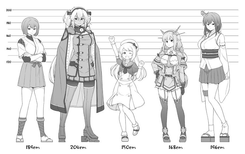 5girls between_breasts braid breasts capelet coat coat_on_shoulders collar dark-skinned_female dark_skin detached_sleeves dress garter_straps glasses gloves greyscale hair_ornament hakama hakama_skirt hat headgear height_chart height_difference highres hyuuga_(kancolle) japanese_clothes jervis_(kancolle) kantai_collection long_hair low_twintails maryland_(kancolle) metal_collar monochrome multiple_girls musashi_(kancolle) musashi_kai_ni_(kancolle) necktie necktie_between_breasts nontraditional_miko one_eye_closed partially_fingerless_gloves pleated_dress puffy_short_sleeves puffy_sleeves rectangular_eyewear sailor_dress sailor_hat sakuramon short_hair short_sleeves side_braids skirt tenshin_amaguri_(inobeeto) thigh-highs twintails undershirt very_long_hair wide_sleeves yamashiro_(kancolle)