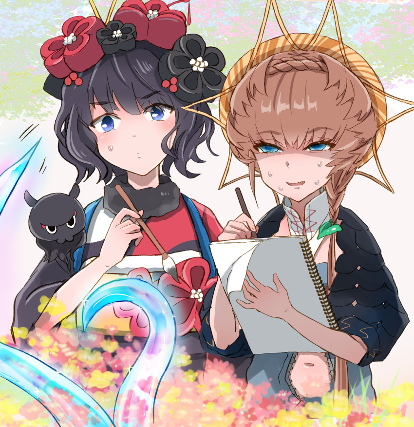 2girls absurdres black_hair black_kimono black_sleeves blue_eyes blue_overalls braid brown_hair clothing_cutout crown_braid fate/grand_order fate_(series) father_and_daughter hair_ornament hairpin highres holding holding_paintbrush holding_sketchbook ink japanese_clothes katsushika_hokusai_(fate) kimono looking_afar multiple_girls navel navel_cutout octopus open_mouth orange_headwear overalls paintbrush puffy_short_sleeves puffy_sleeves shimogamo_(shimomo_12) short_sleeves side_braid sketchbook striped striped_headwear sweatdrop tentacles tokitarou_(fate) upper_body van_gogh_(fate)