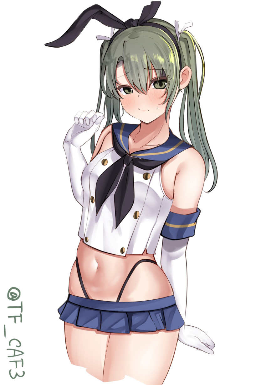 1girl breasts cosplay dark_green_hair gloves hair_ribbon hairband highres kantai_collection ribbon shimakaze_(kancolle) shimakaze_(kancolle)_(cosplay) small_breasts tf_cafe thong twintails white_gloves zuikaku_(kancolle)